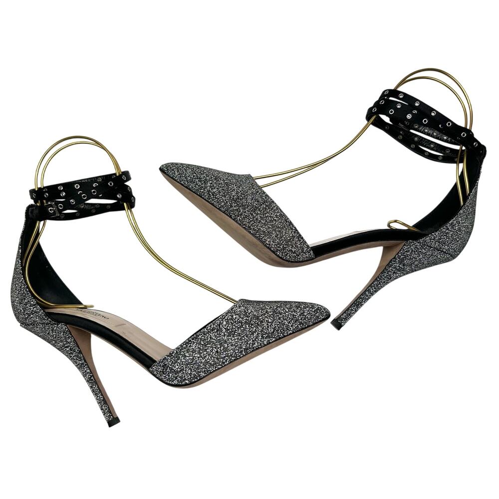 VALENTINO GARAVANI Glitter Ankle Strap Pumps EU 38 US 8 Silver Metallic Heels - Picture 7 of 11